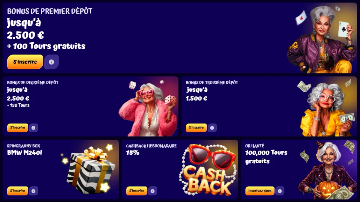 Bonus de bienvenue du casino Spingrannyy avec offres de premier deuxième et troisième dépôt tours gratuits et cashback